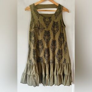 Boho Green Dress with Black Owl Print